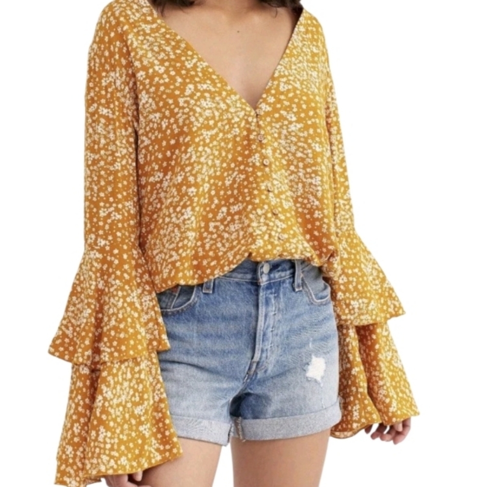 Free People She's So Ditsy Floral V-Neck Bell Sleeve Bodysuit Top-NWT